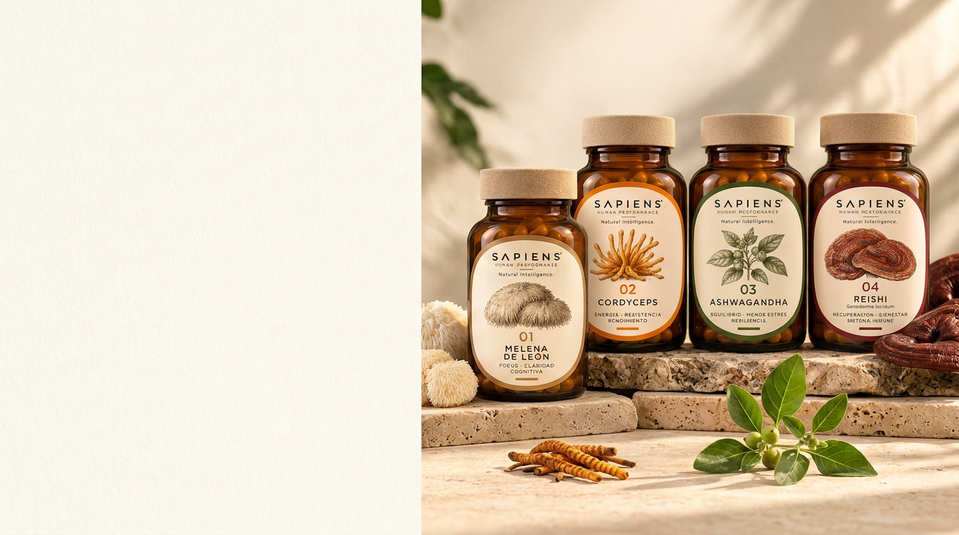 Suplementos naturales SAPIENS Human Performance de Melena de León, Cordyceps, Ashwagandha y Reishi en Colombia.